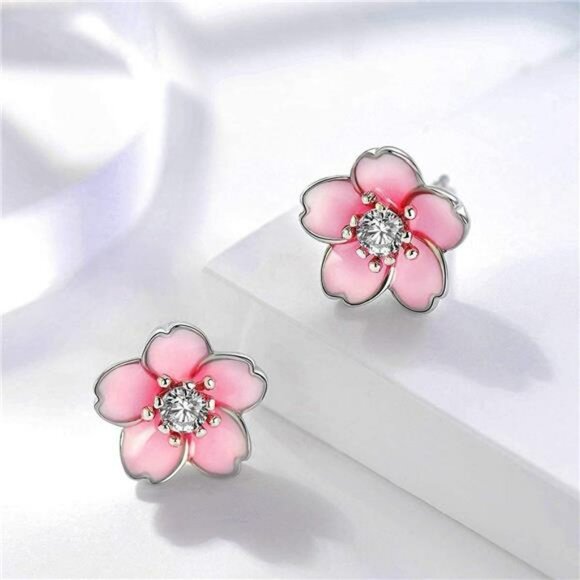 Pink Flower Stud Earrings for Women Sterling Silver Cherry Blossom Hypoallergeni - Picture 2 of 7